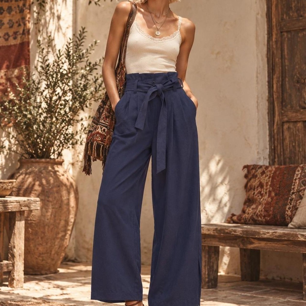 Babaton Aritzia Navy Blue High Waisted Wide Leg Paperbag Belted Trousers Pants